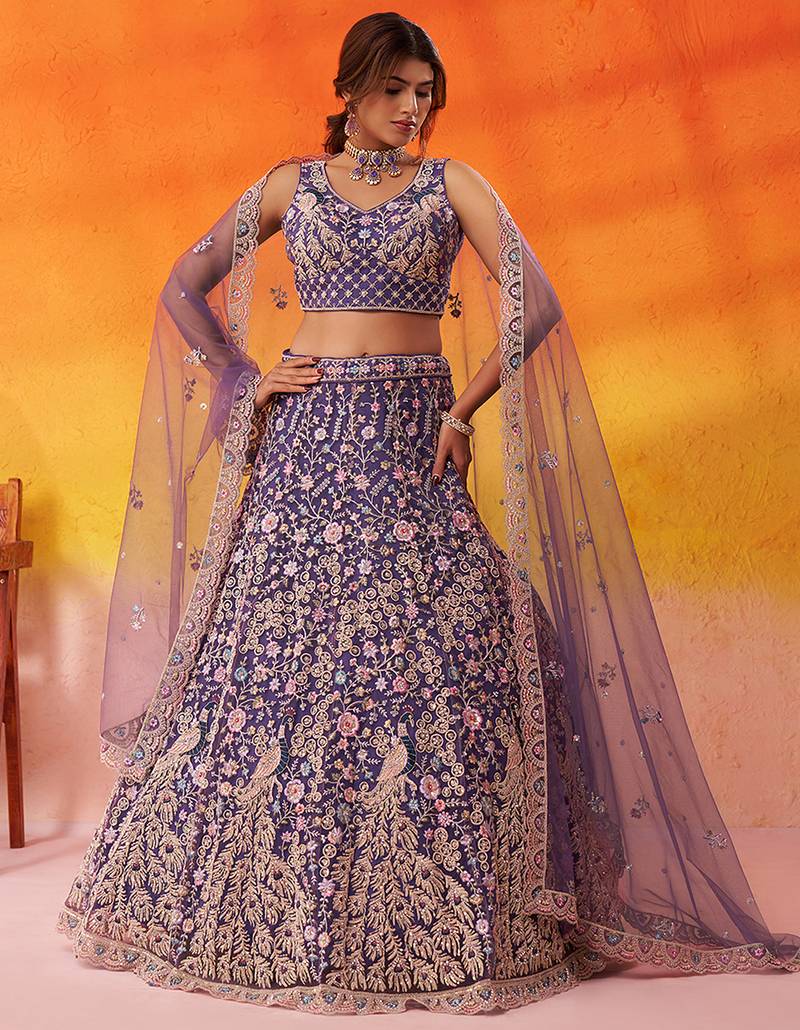 Purple Net Sequins embroidery Lehenga Choli With Dupatta