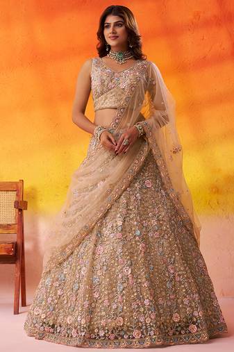 Beige Net Sequins embroidery Lehenga Choli With Dupatta