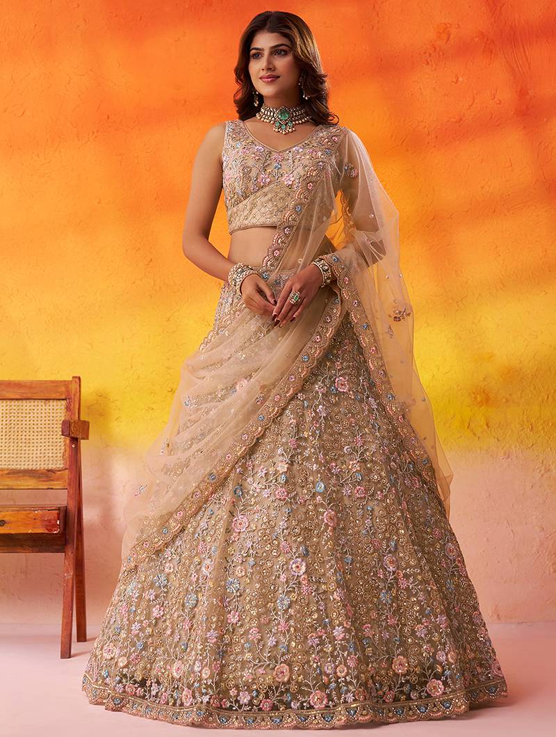 Beige Net Sequins embroidery Lehenga Choli With Dupatta
