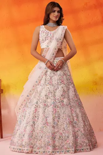 White Net Sequins embroidery Lehenga Choli With Dupatta