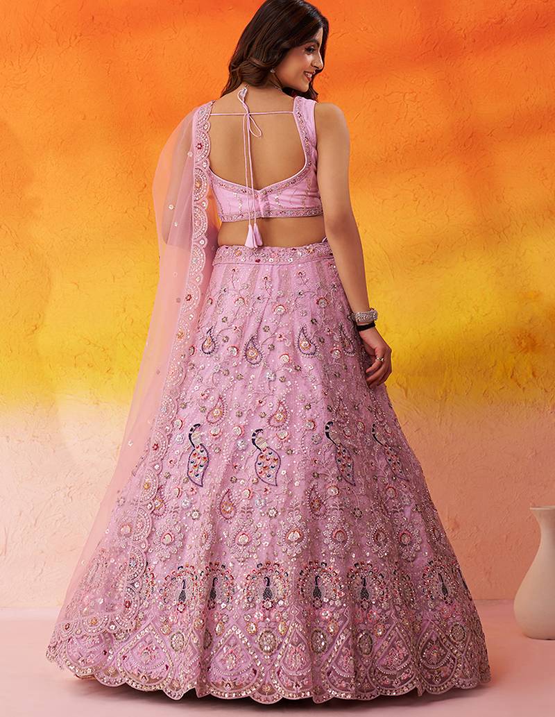 Pink Net Sequins embroidery Lehenga Choli With Dupatta