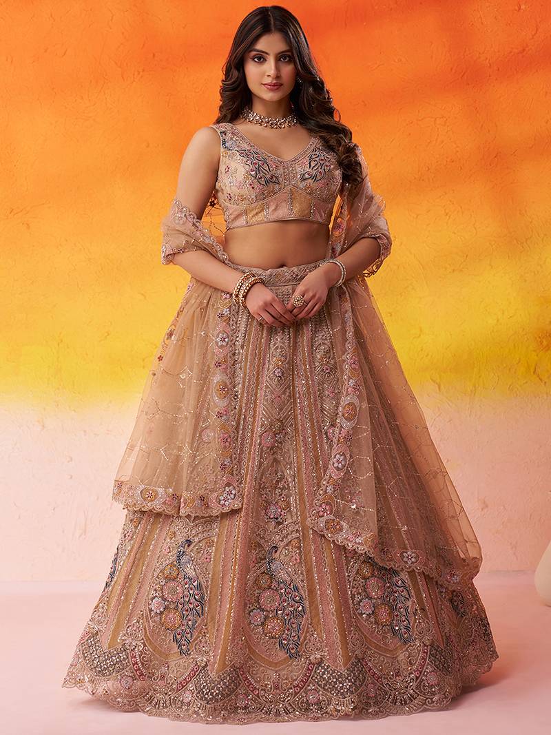 Beige Net Sequins embroidery Lehenga Choli With Dupatta