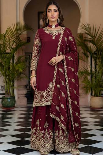 Maroon Embroidered Chinon Palazzo Suit