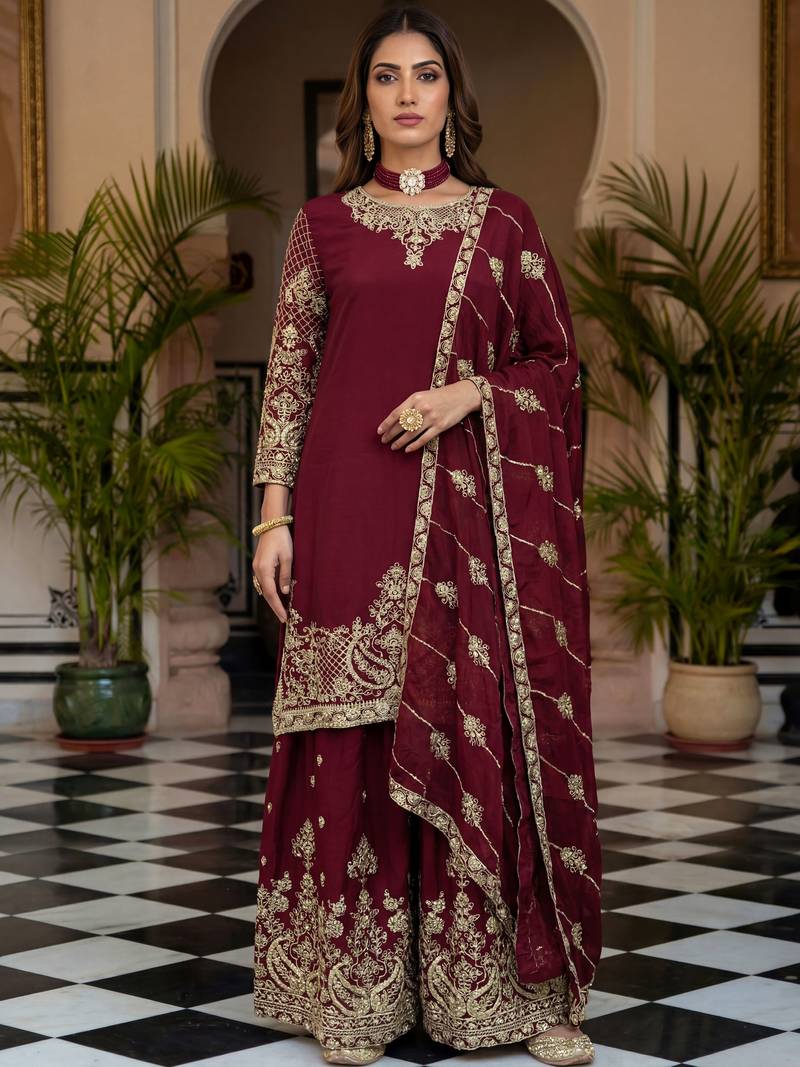 Maroon Embroidered Chinon Palazzo Suit
