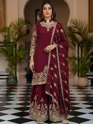 Maroon Embroidered Chinon Palazzo Suit 1