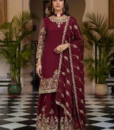 Maroon Embroidered Chinon Palazzo Suit