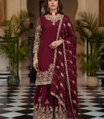 Maroon Embroidered Chinon Palazzo Suit