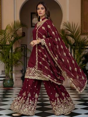 Maroon Embroidered Chinon Palazzo Suit 2