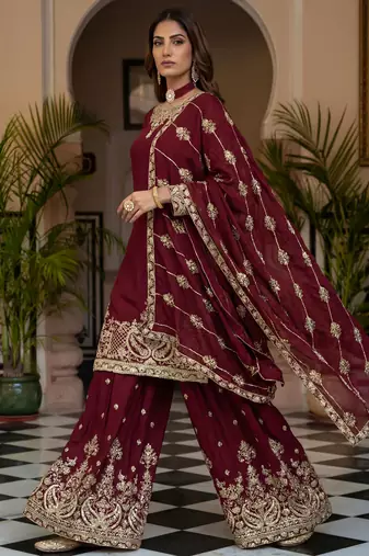 Maroon Embroidered Chinon Palazzo Suit