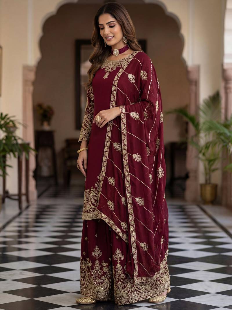Maroon Embroidered Chinon Palazzo Suit
