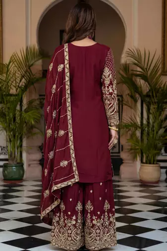 Maroon Embroidered Chinon Palazzo Suit
