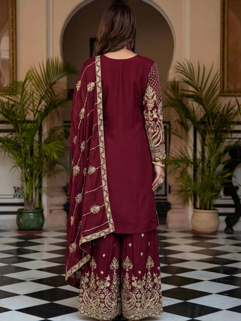 Maroon Embroidered Chinon Palazzo Suit