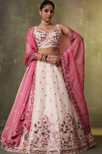 Cream Organza Sequins Thread & Embroidery Lehenga Choli With Dupatta