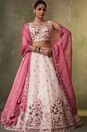 Cream Organza Sequins Thread & Embroidery Lehenga Choli With Dupatta