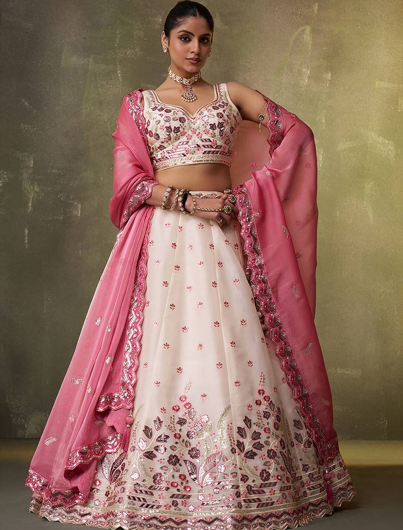 Cream Organza Sequins Thread & Embroidery Lehenga Choli With Dupatta