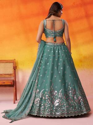 Green Organza Sequins Thread & Embroidery Lehenga Choli With Dupatta 3