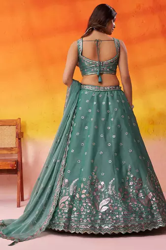 Green Organza Sequins Thread & Embroidery Lehenga Choli With Dupatta