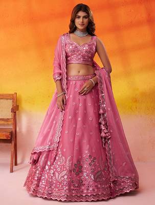 Pink Organza Sequins Thread & Embroidery Lehenga Choli With Dupatta 1