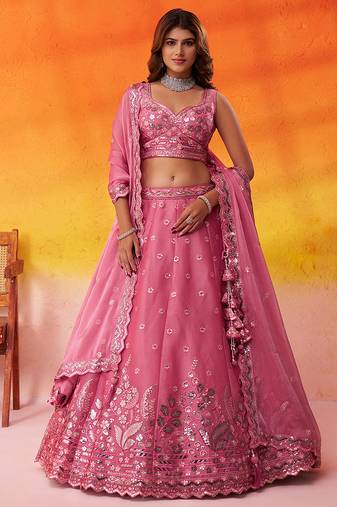 Pink Organza Sequins Thread & Embroidery Lehenga Choli With Dupatta