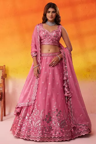 Pink Organza Sequins Thread & Embroidery Lehenga Choli With Dupatta