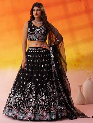 BLACK Net Sequins Thread & Embroidery Lehenga Choli With Dupatta 1