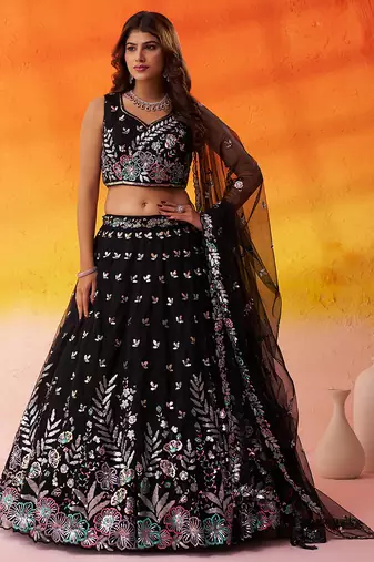 BLACK Net Sequins Thread & Embroidery Lehenga Choli With Dupatta