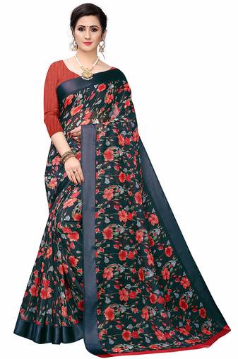 Cotton blend digital print floral pattern tassels saree