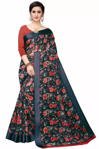 Cotton blend digital print floral pattern tassels saree