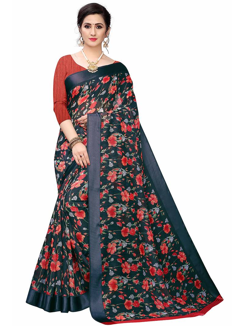 Cotton blend digital print floral pattern tassels saree