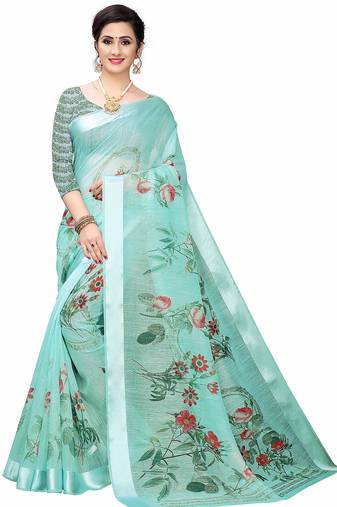 Cotton blend digital print floral pattern tassels saree