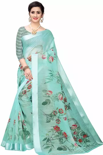 Cotton blend digital print floral pattern tassels saree