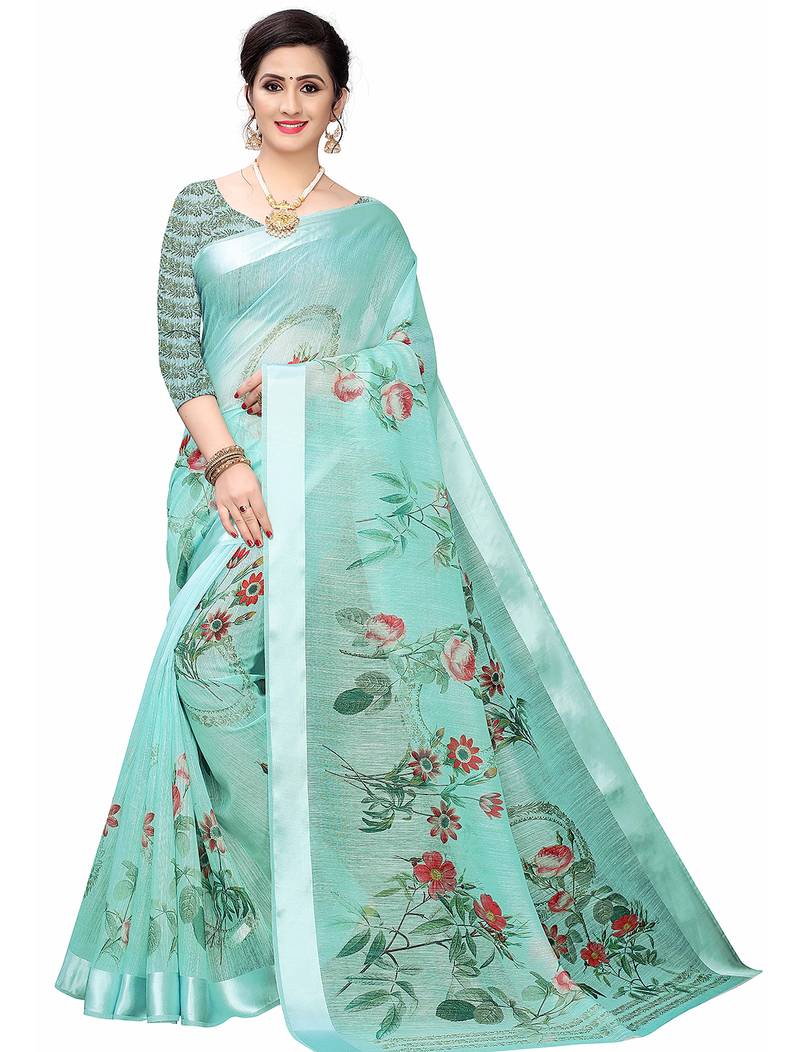 Cotton blend digital print floral pattern tassels saree