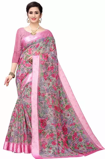 Cotton blend digital print floral pattern tassels saree