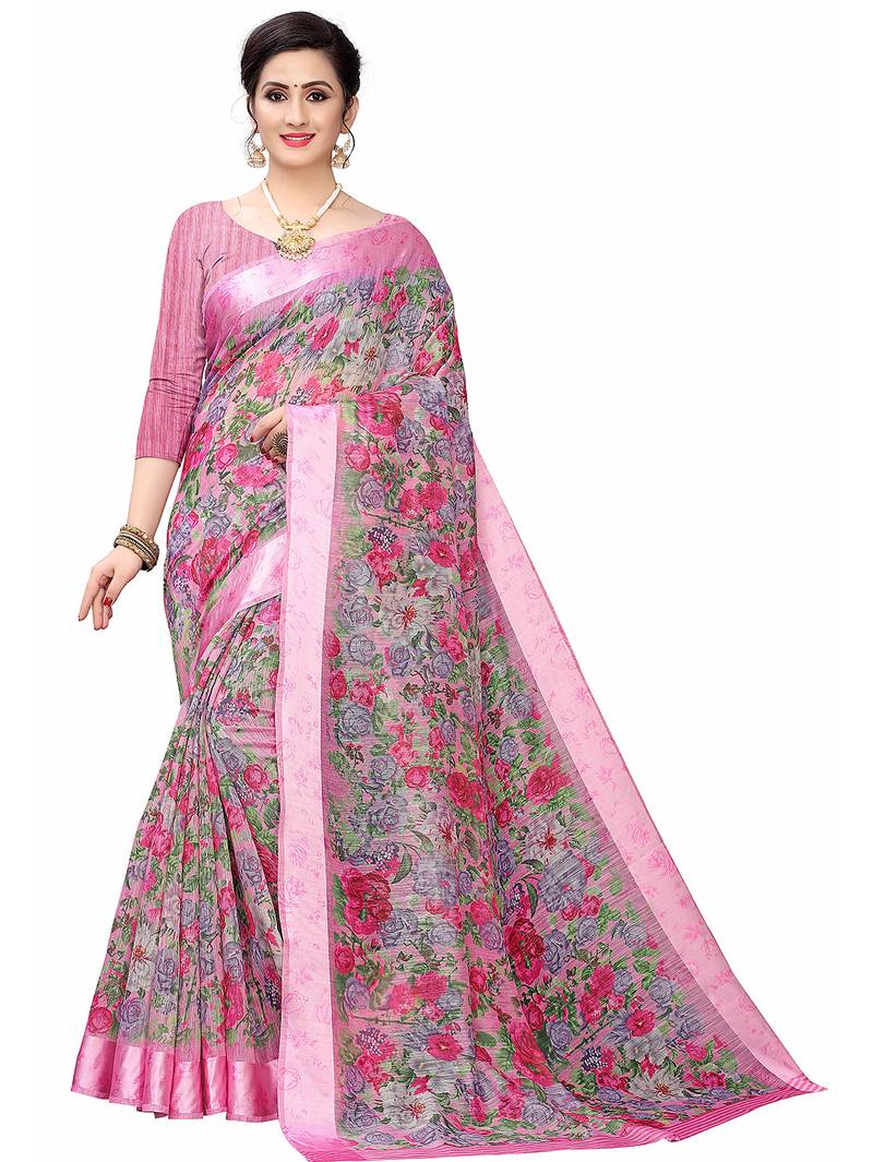 Cotton blend digital print floral pattern tassels saree