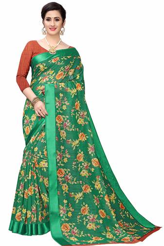 Cotton blend digital print floral pattern tassels saree