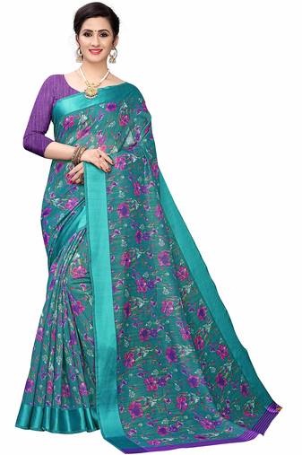 Cotton blend digital print floral pattern tassels saree