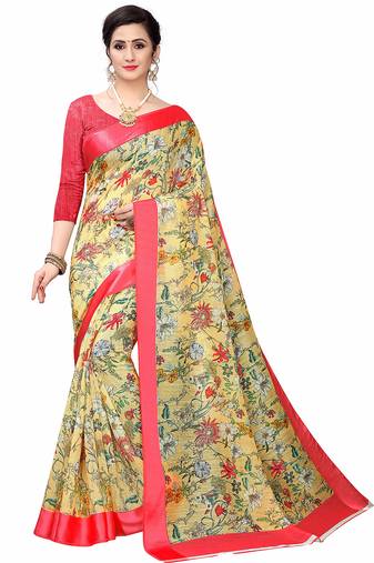 Cotton blend digital print floral pattern tassels saree