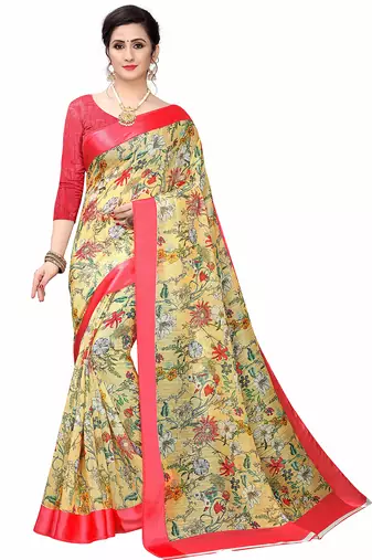Cotton blend digital print floral pattern tassels saree