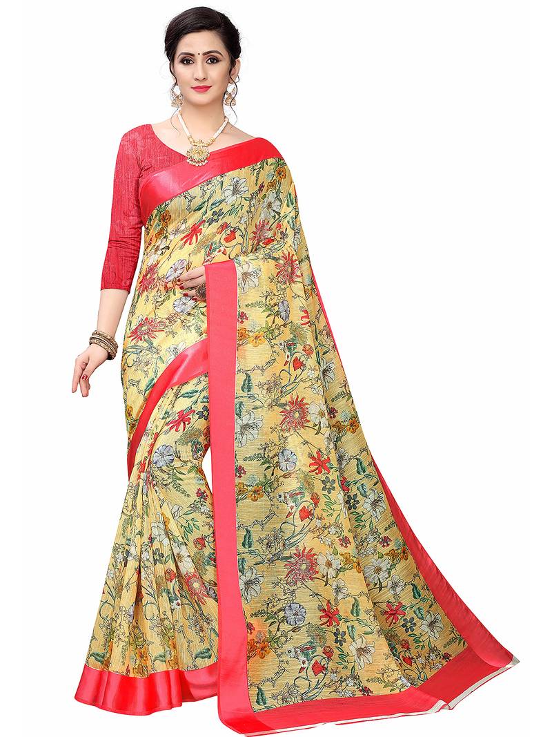 Cotton blend digital print floral pattern tassels saree