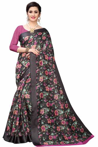 Cotton blend digital print floral pattern tassels saree