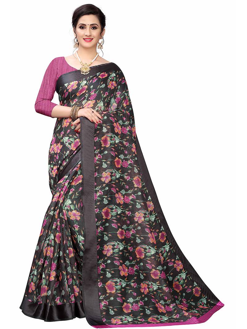 Cotton blend digital print floral pattern tassels saree