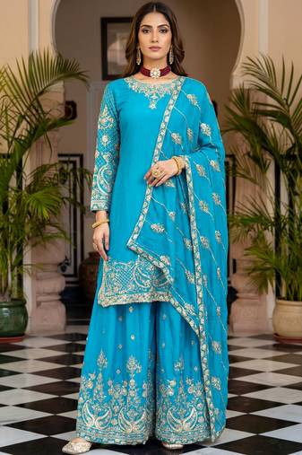 Sky Blue Embroidered Chinon Palazzo Suit