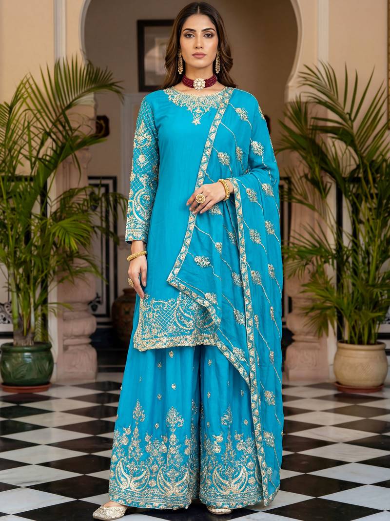 Sky Blue Embroidered Chinon Palazzo Suit