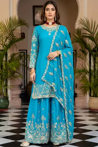 Sky Blue Embroidered Chinon Palazzo Suit