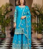 Sky Blue Embroidered Chinon Palazzo Suit