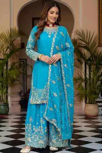 Sky Blue Embroidered Chinon Palazzo Suit