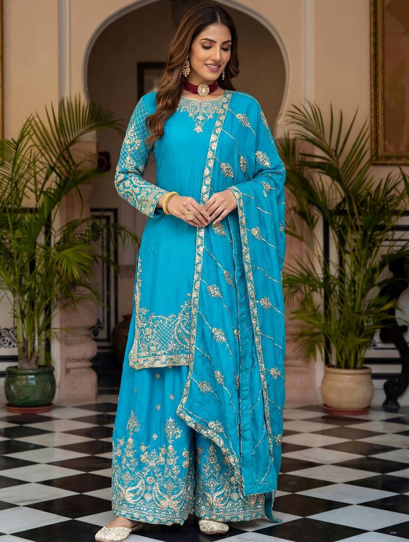 Sky Blue Embroidered Chinon Palazzo Suit