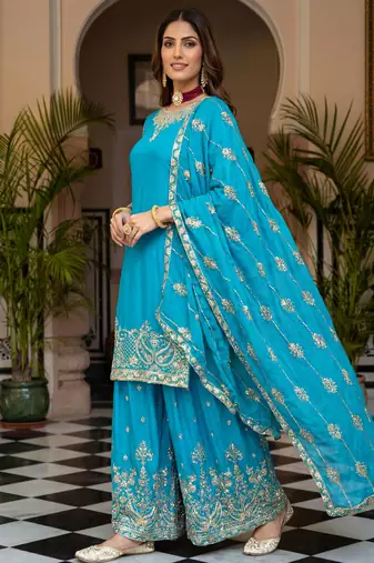 Sky Blue Embroidered Chinon Palazzo Suit