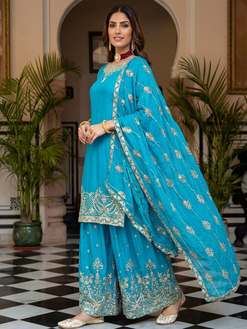 Sky Blue Embroidered Chinon Palazzo Suit