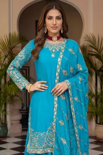 Sky Blue Embroidered Chinon Palazzo Suit